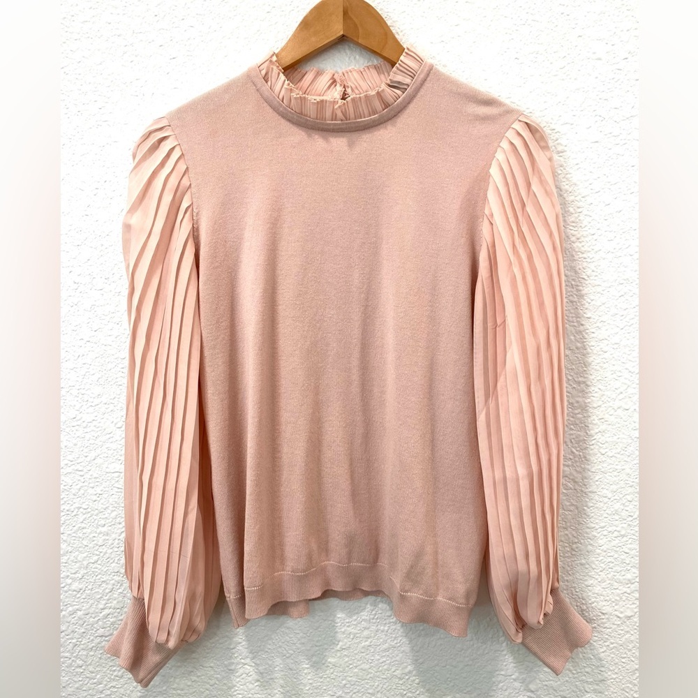 Adrianna Papell Top Blush Ruffle Neck Pleated Sleeve Sweater Women’s Small